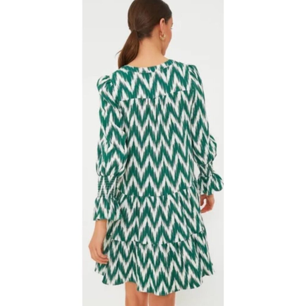 Pomander Place Ikat Kenzo Dress XS Green White Chevron Print Tiered V-Neck Ruffl - Picture 5 of 15